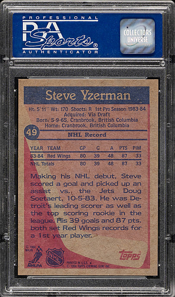 1984-1985 Topps Hockey #49 Steve Yzerman Rookie PSA MINT 9