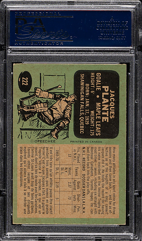 1970-1971 O-Pee-Chee Hockey #222 Jacques Plante PSA EX-MT 6