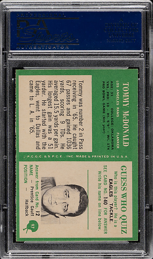 1966 Philadelphia Football #97 Tommy McDonald PSA NM-MT 8