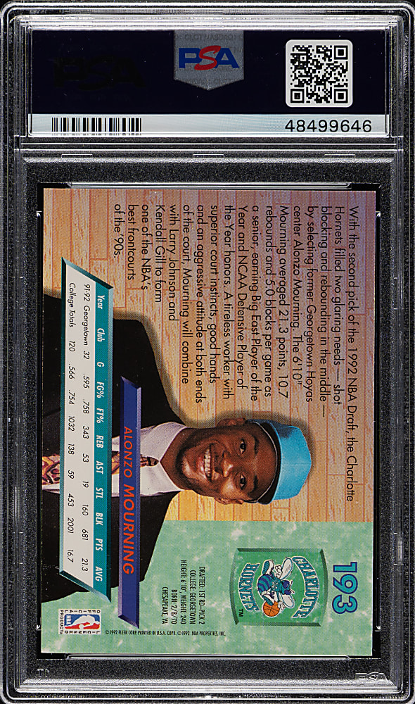 1992-1993 Fleer Ultra Basketball #193 Alonzo Mourning Rookie PSA GEM MINT 10
