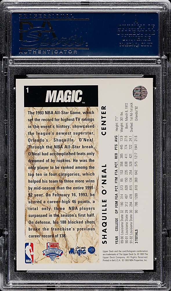 1992-1993 Upper Deck Basketball #1 Shaquille O'Neal Rookie PSA NM-MT 8