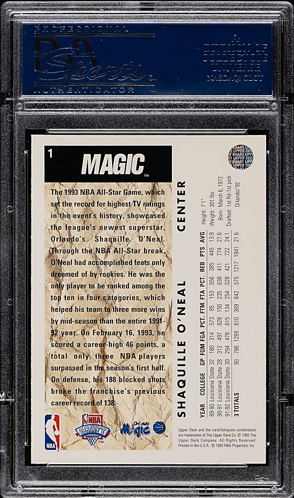 1992-1993 Upper Deck Basketball #1 Shaquille O'Neal Rookie PSA NM-MT 8