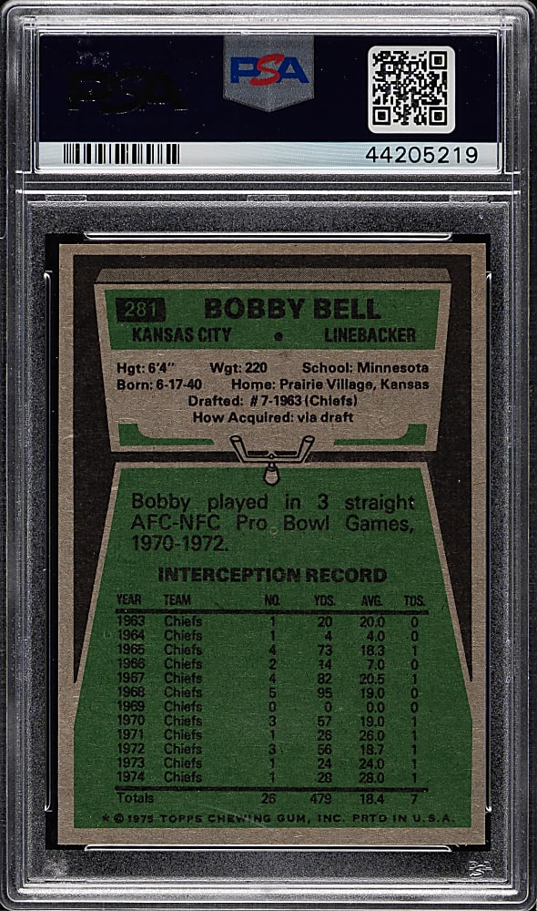 1975 Topps Football #281 Bobby Bell PSA MINT 9