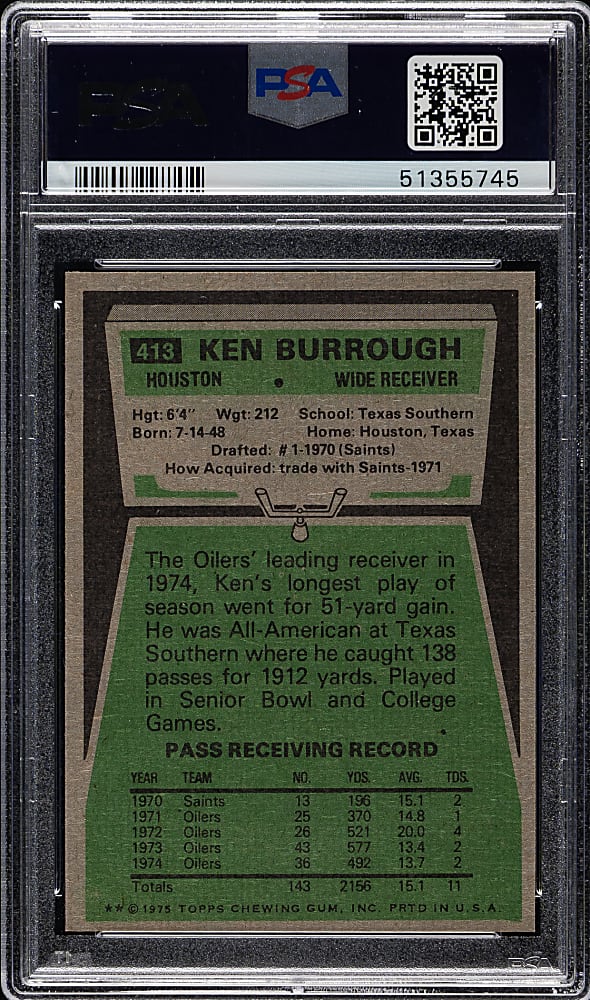 1975 Topps Football #413 Ken Burrow PSA MINT 9
