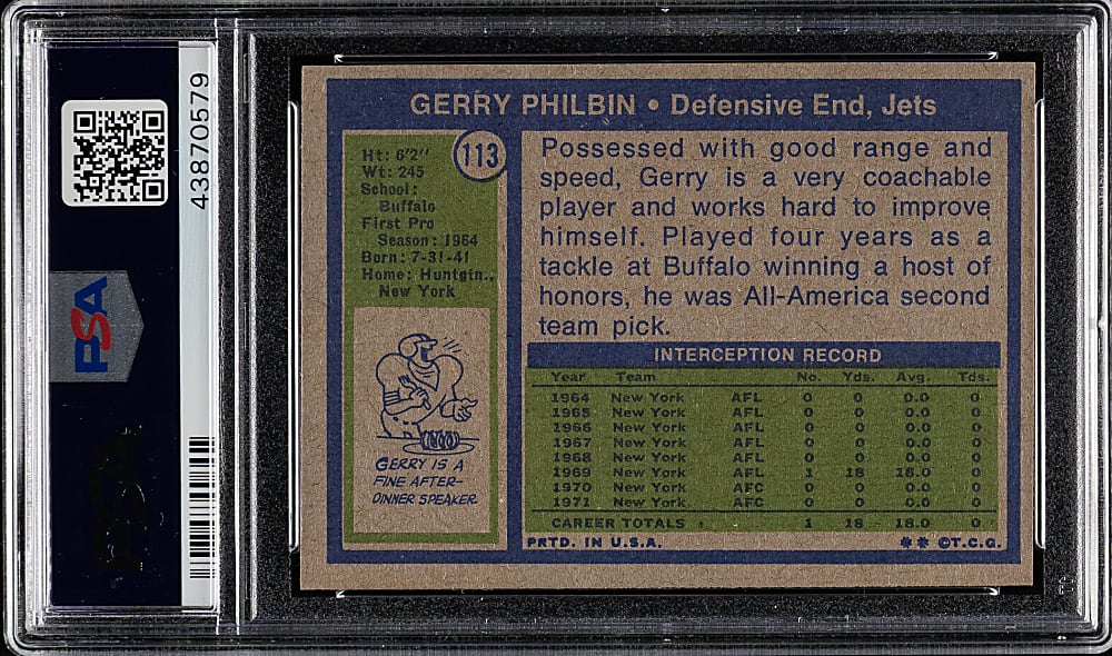 1972 Topps Football #113 Gerry Philbin PSA MINT 9