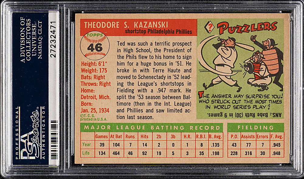 1955 Topps #46 Ted Kazanski PSA NM-MT 8
