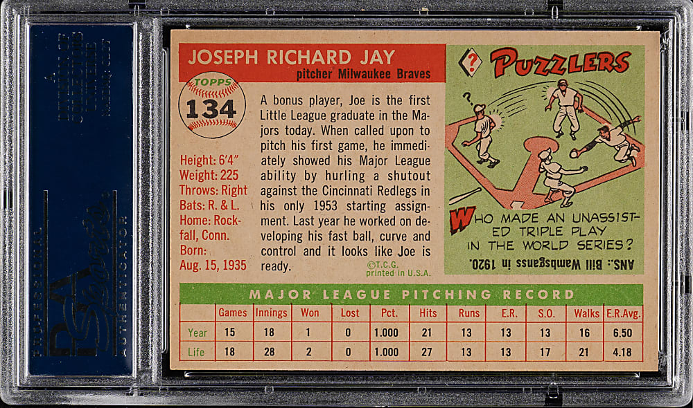 1955 Topps #134 Joe Jay PSA NM-MT 8