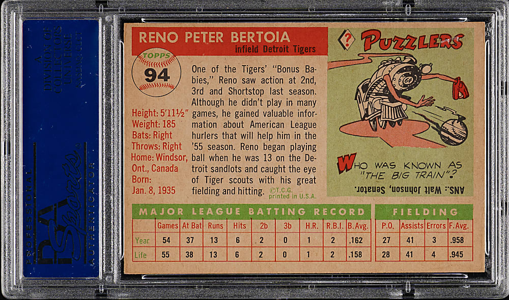 1955 Topps #94 Reno Bertoia PSA NM-MT 8