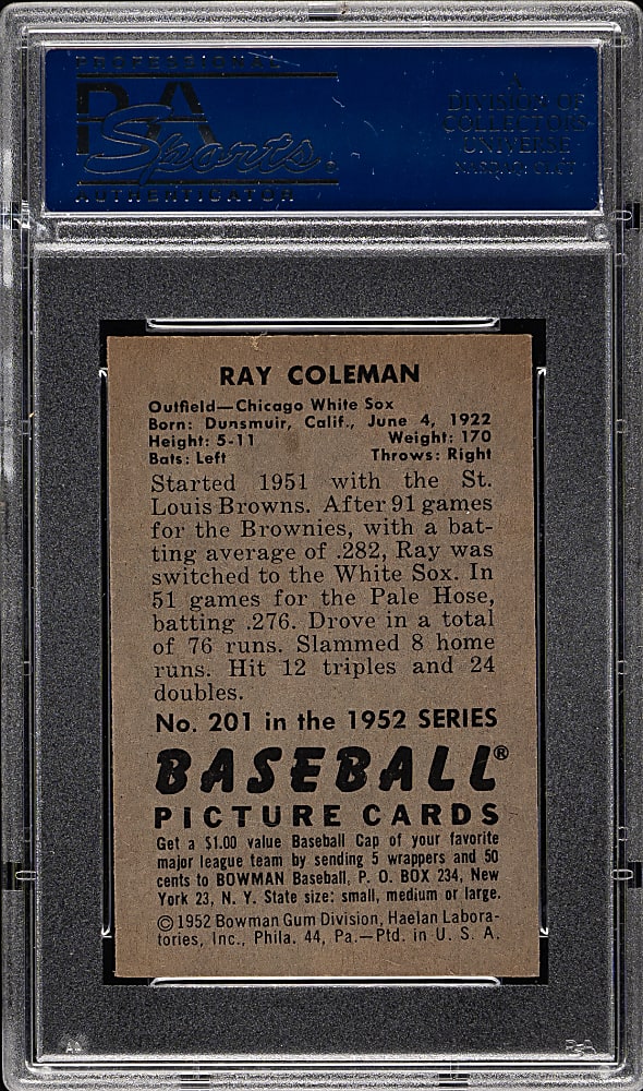 1952 Bowman #201 Ray Coleman PSA NM-MT+ 8.5