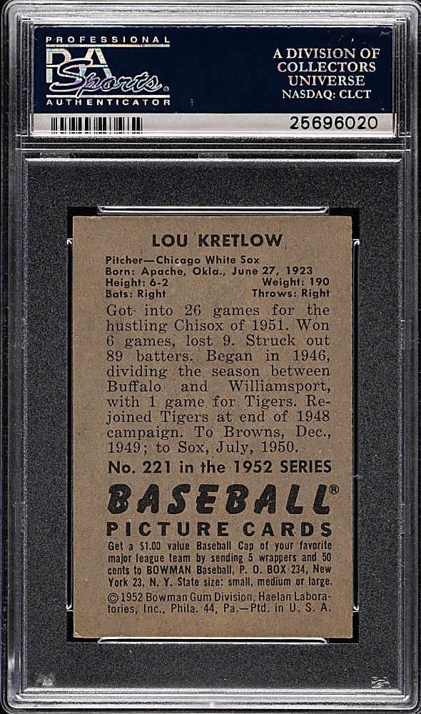 1952 Bowman #221 Lou Kretlow PSA NM-MT+ 8.5