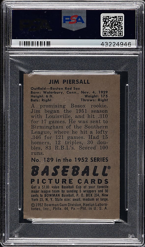 1952 Bowman #189 Jim Piersall PSA NM-MT 8