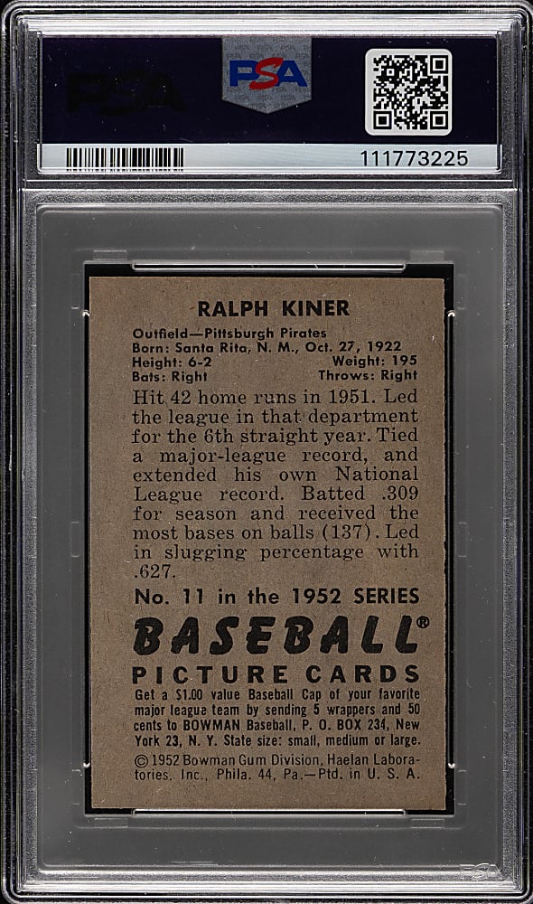 1952 Bowman #11 Ralph Kiner PSA NM-MT 8