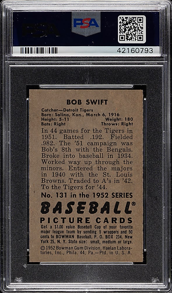 1952 Bowman #131 Bob Swift PSA NM-MT 8
