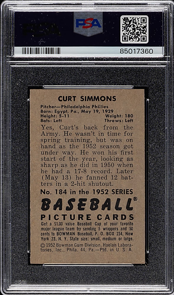 1952 Bowman #184 Curt Simmons PSA NM-MT 8