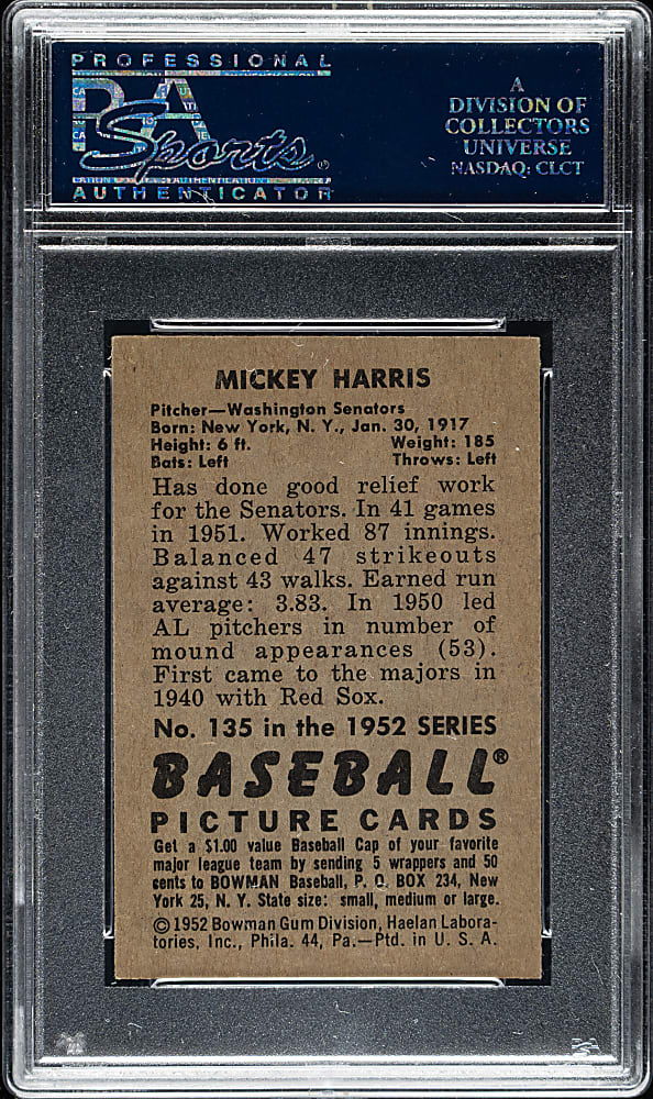 1952 Bowman #135 Mickey Harris PSA NM-MT 8