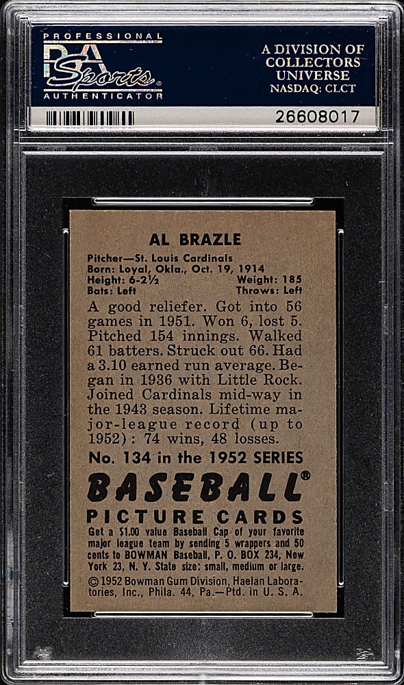 1952 Bowman #134 Al Brazle PSA NM-MT 8