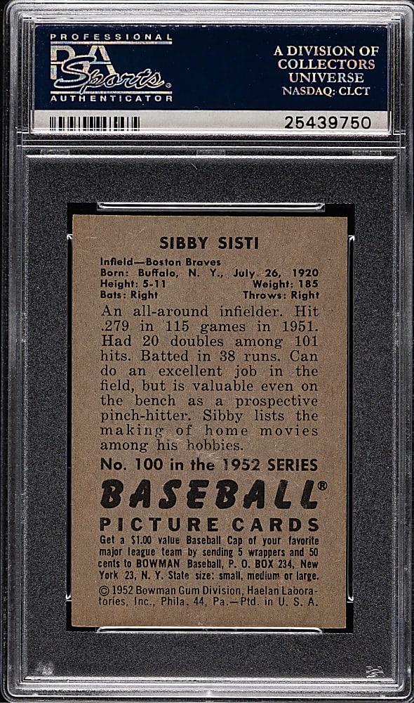 1952 Bowman #100 Sibby Sisti PSA NM-MT 8