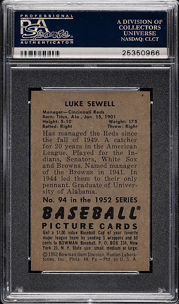 1952 Bowman #94 Luke Sewell PSA NM-MT 8