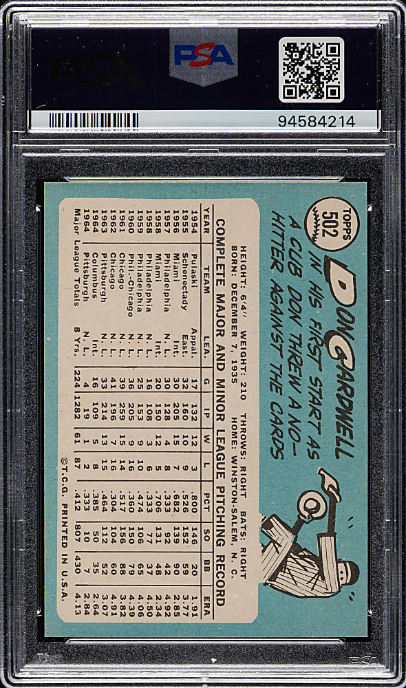 1965 Topps #502 Don Cardwell PSA MINT 9
