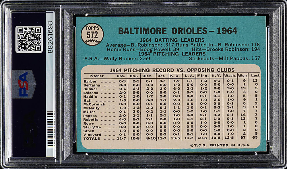 1965 Topps #572 Baltimore Orioles Team PSA MINT 9