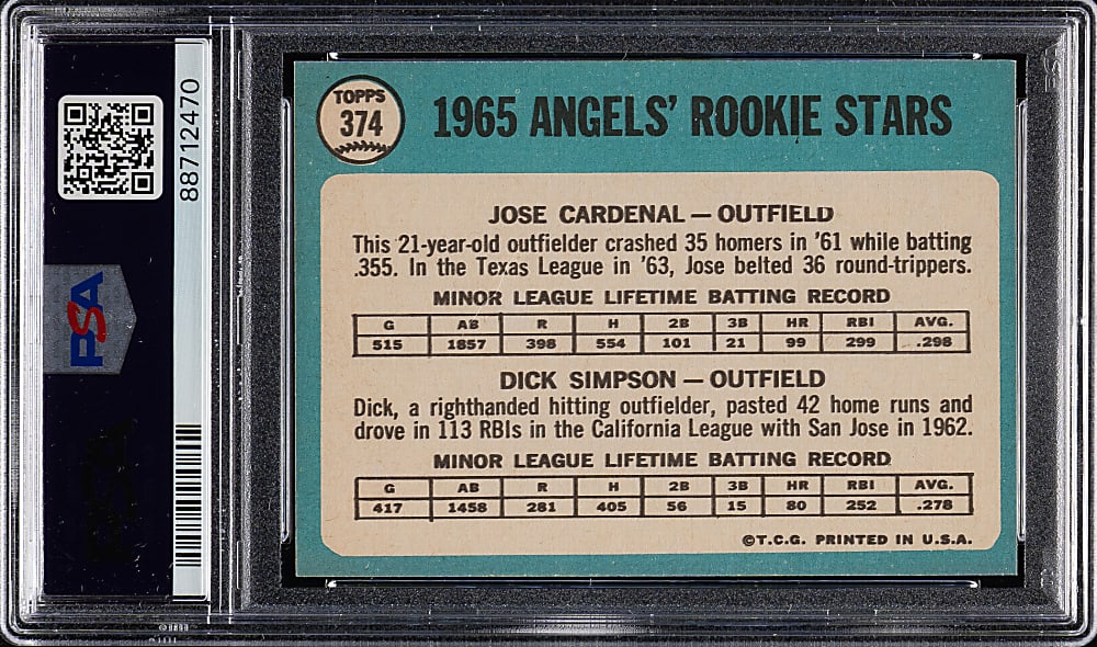1965 Topps #374 Cardenal/Simpson PSA MINT 9