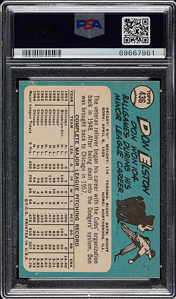1965 Topps #436 Don Elston PSA MINT 9