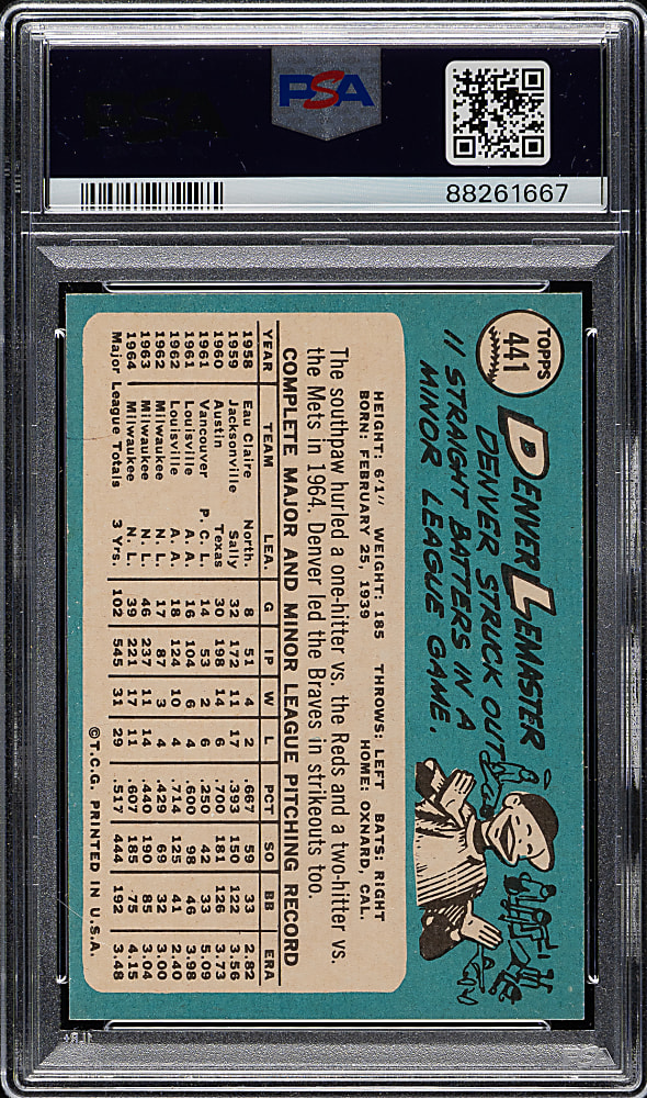 1965 Topps #441 Denver Lemaster PSA MINT 9