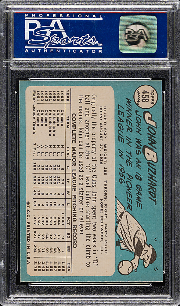 1965 Topps #458 John Buzhardt PSA MINT 9