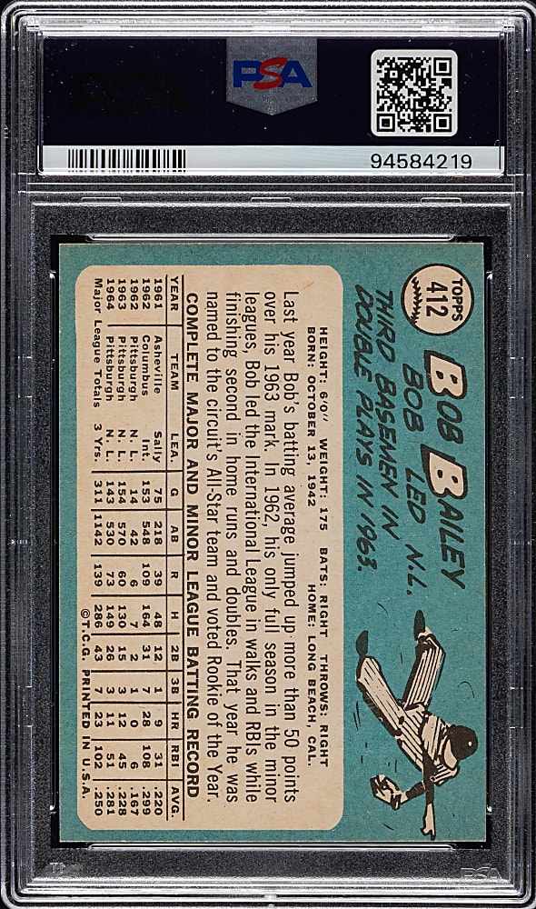 1965 Topps #412 Bob Bailey PSA MINT 9
