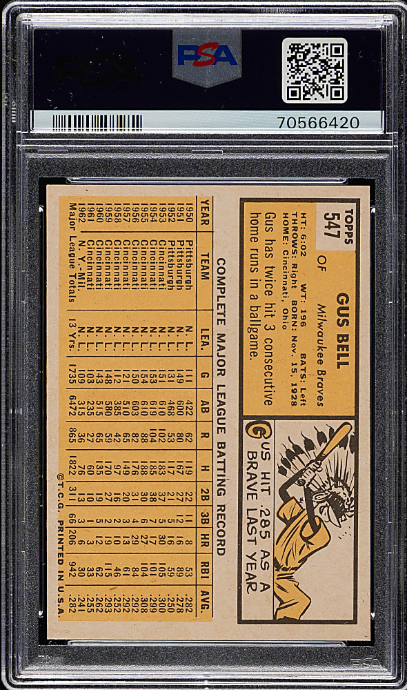 1963 Topps #547 Gus Bell PSA MINT 9