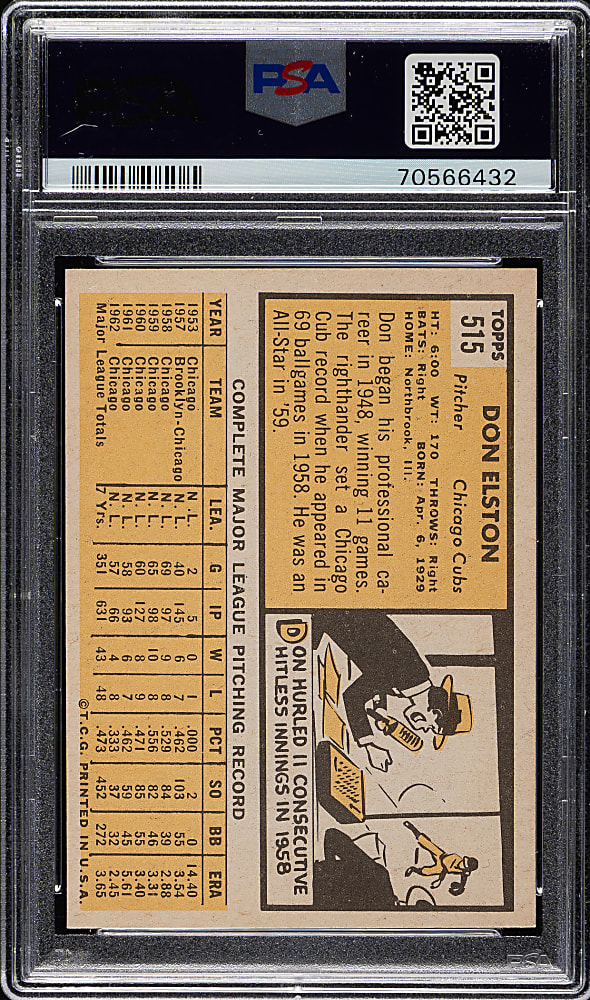 1963 Topps #515 Don Elston PSA MINT 9