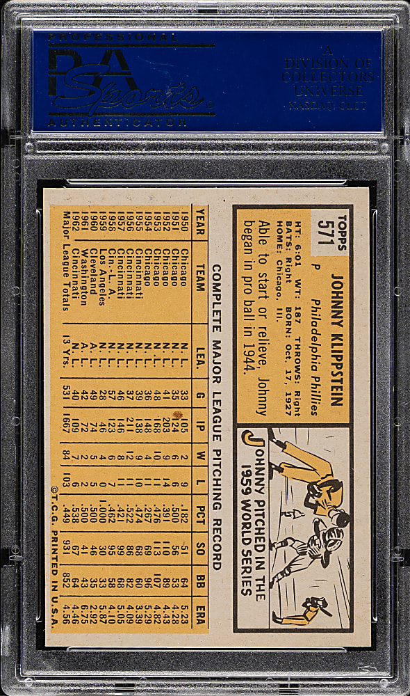 1963 Topps #571 Johnny Klippstein PSA MINT 9