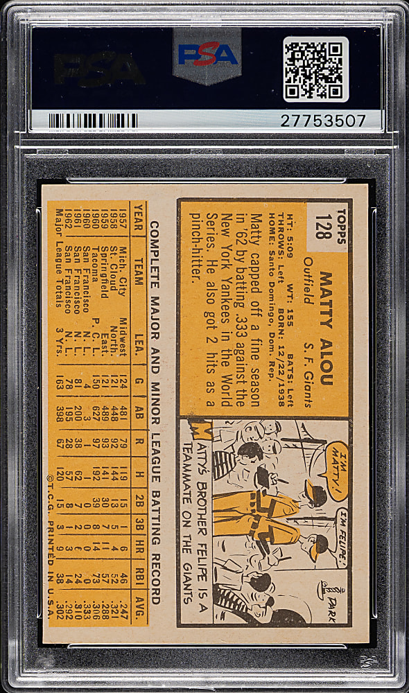 1963 Topps #128 Matty Alou PSA NM-MT+ 8.5