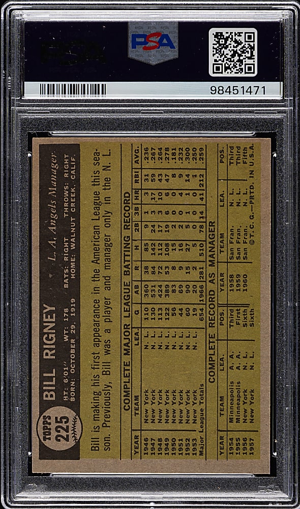 1961 Topps #225 Bill Rigney PSA MINT 9