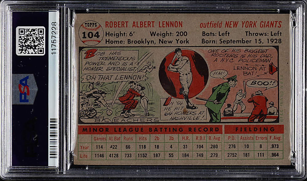 1956 Topps #104 Bob Lennon Gray Back PSA NM-MT 8