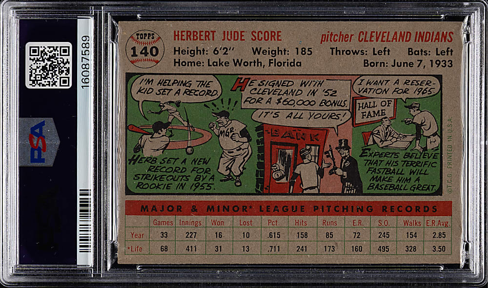 1956 Topps #140 Herb Score Gray Back PSA NM-MT 8
