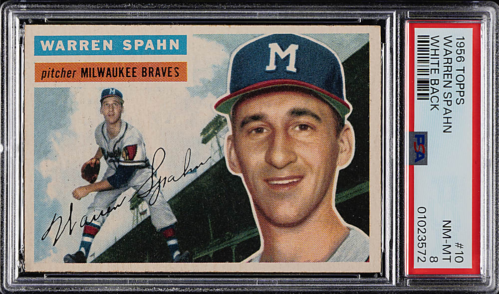 1956 Topps #10 Warren Spahn White Back PSA NM-MT 8