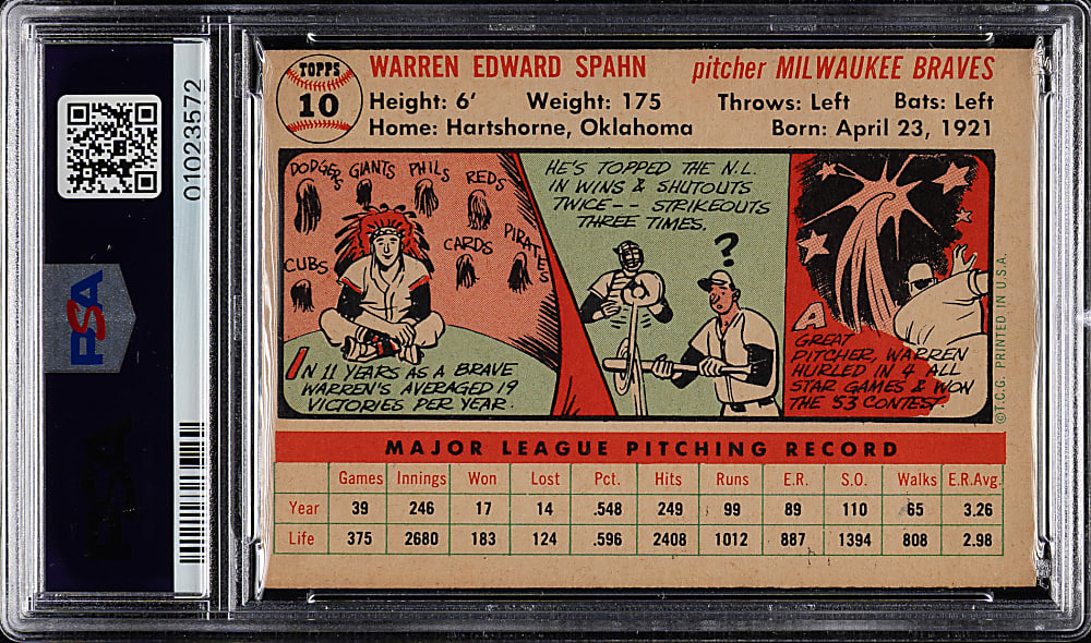1956 Topps #10 Warren Spahn White Back PSA NM-MT 8