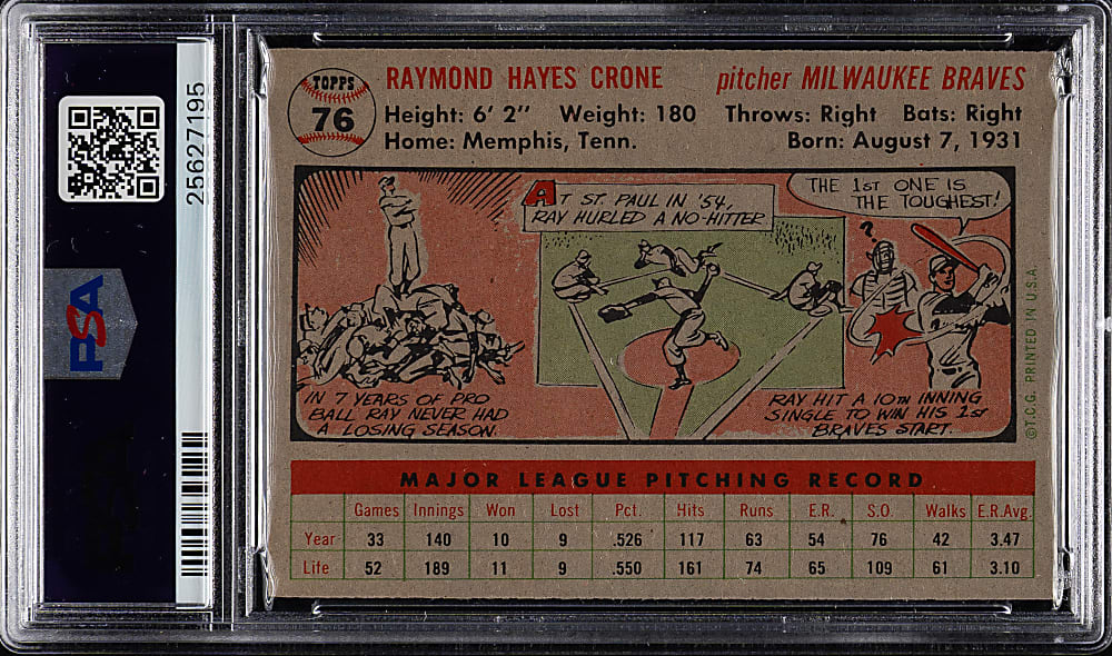 1956 Topps #76 Ray Crone Gray Back PSA NM-MT 8