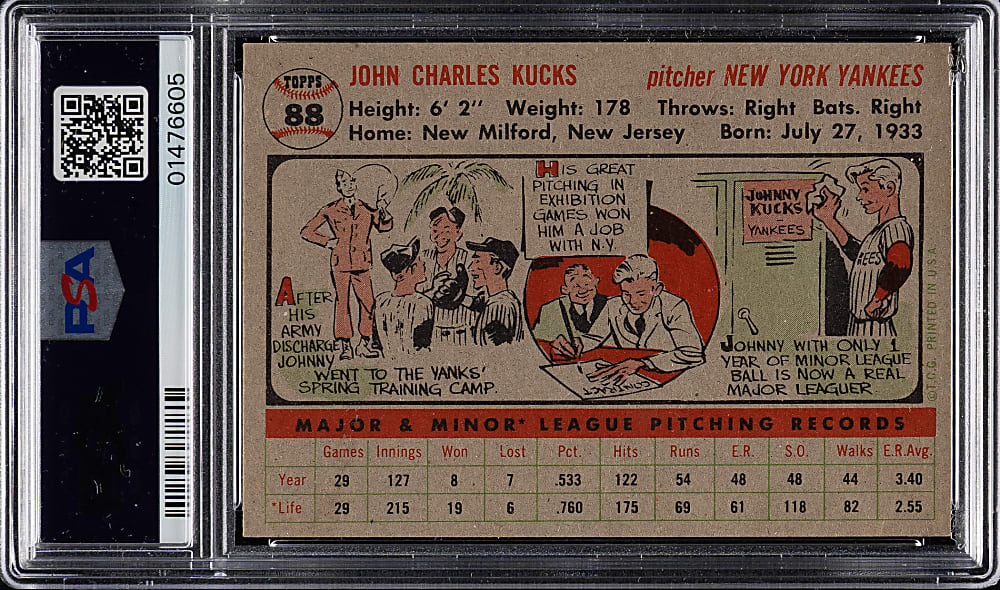 1956 Topps #88 Johnny Kucks Gray Back PSA NM-MT 8