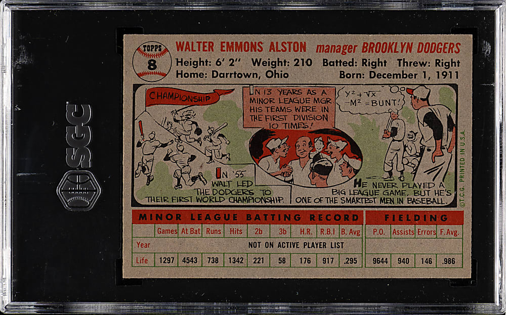 1956 Topps #8 Walter Alston Gray Back SGC NM/MT 8