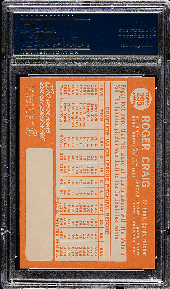 1964 Topps #295 Roger Craig PSA MINT 9