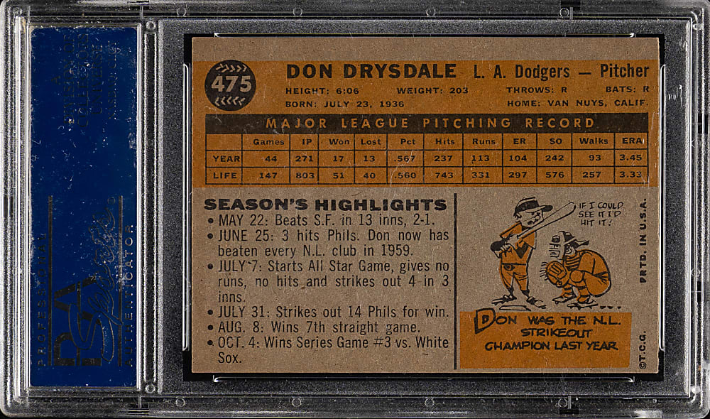1960 Topps #475 Don Drysdale PSA NM 7