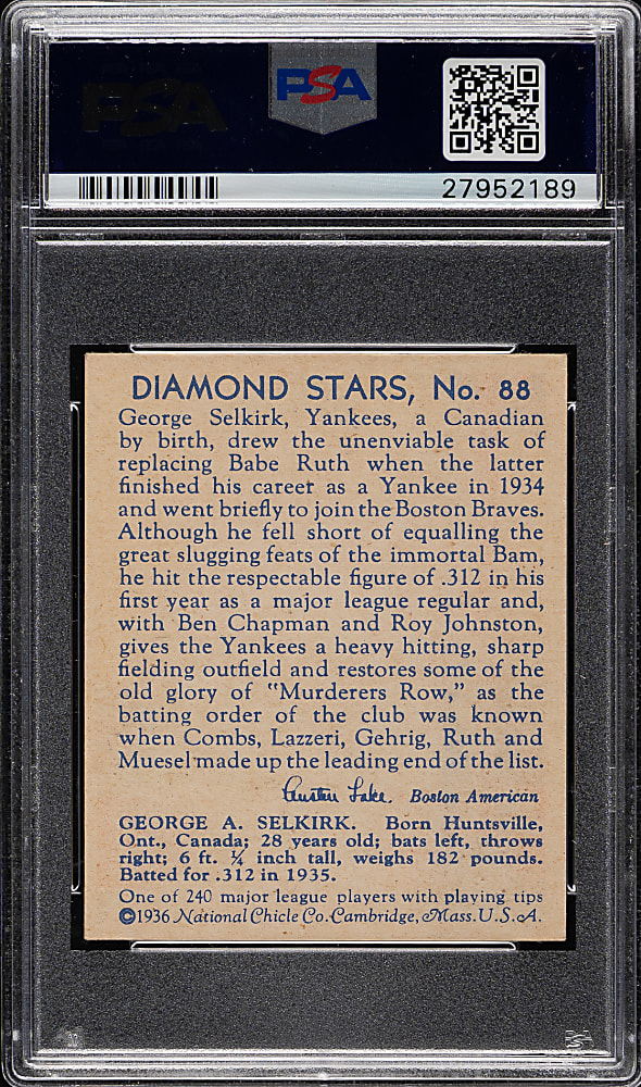 1934-1936 R327 Diamond Stars #88 George Selkirk PSA EX-MT+ 6.5