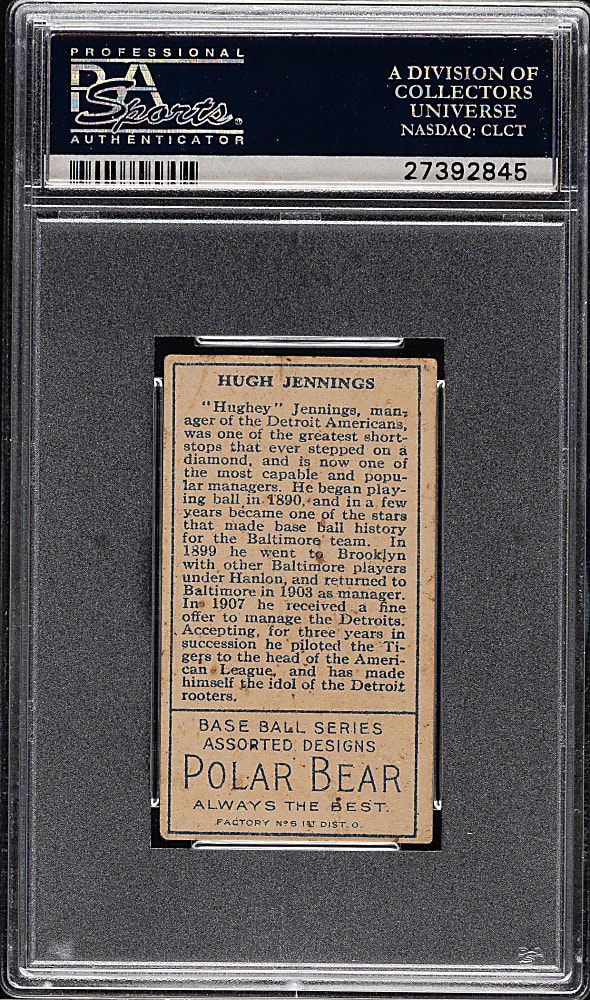 1911 T205 Gold Border Hughie Jennings PSA VG-EX 4 - Polar Bear Back