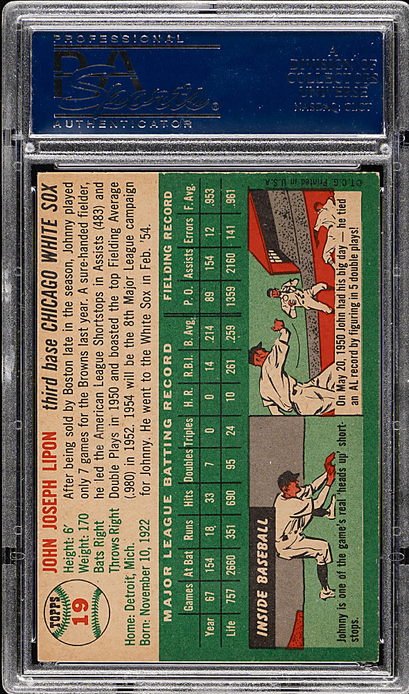 1954 Topps #19 Johnny Lipon PSA NM-MT 8