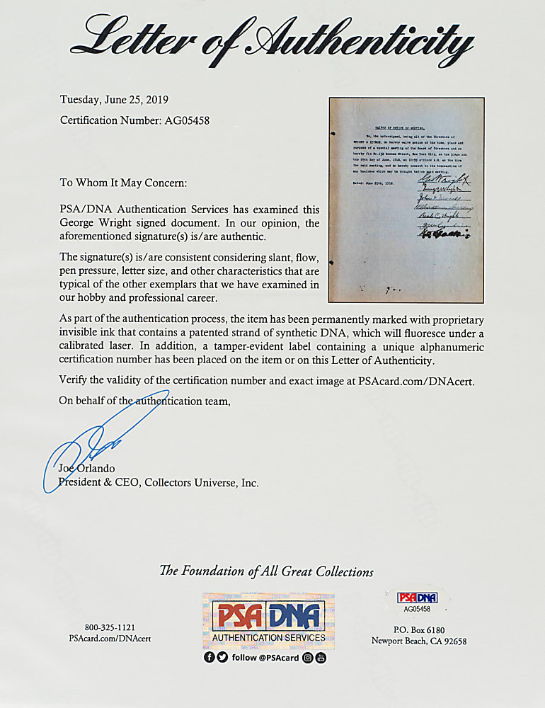 1918 George Wright Signed Wright & Ditson Document - PSA/DNA