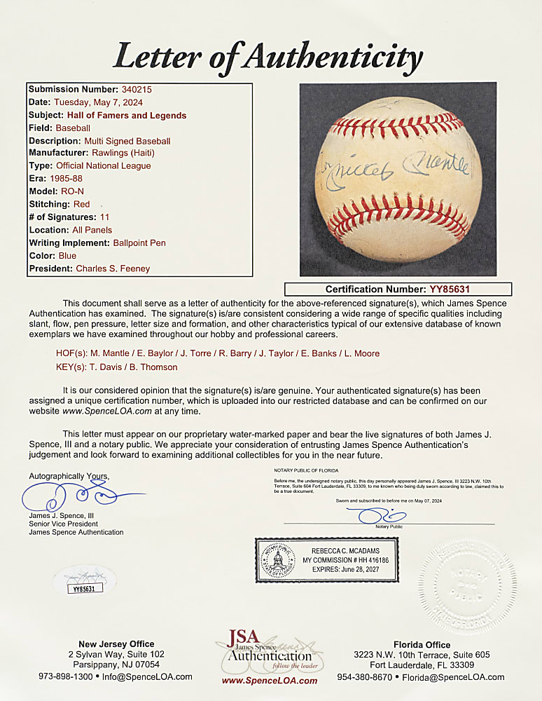 Hall of Fame and Stars Multi-Signed Baseball with Mickey Mantle, Elgin Baylor, and Rick Barry - JSA
