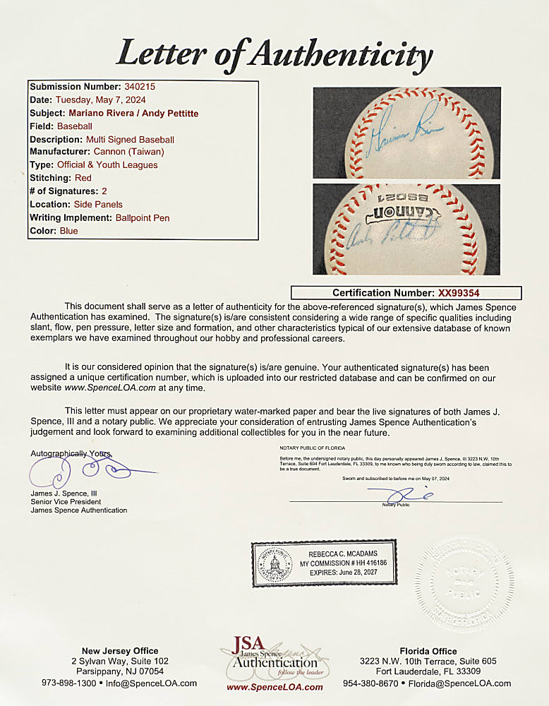 Mariano Rivera and Andy Pettitte Dual-Signed Baseball - JSA