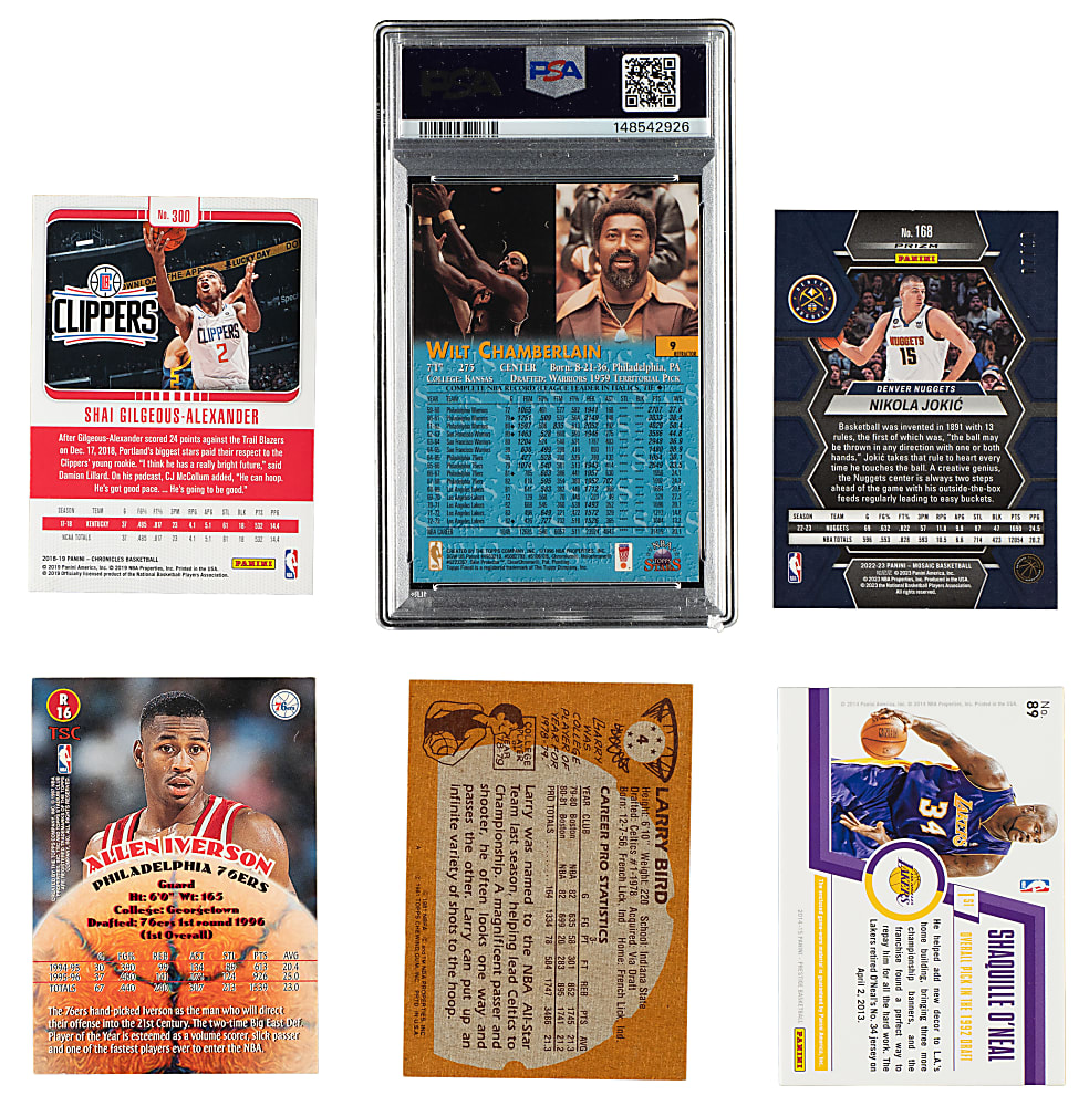 1975 to 2025 Topps, Star, Fleer, and Panini Basketball Hall of Fame and Stars Collection (16) Including Bird, Kareem, Lebron, and Gilgeous-Alexander and Iverson Rookies